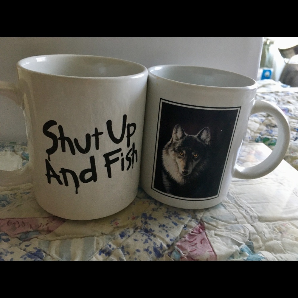 2 Coffee Mugs: Wolf + “Shut Up & Fish” Heavy White